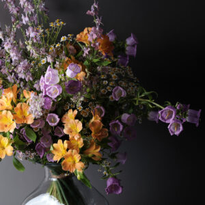 Lila i groc, delphinium, campanula i astroemeria